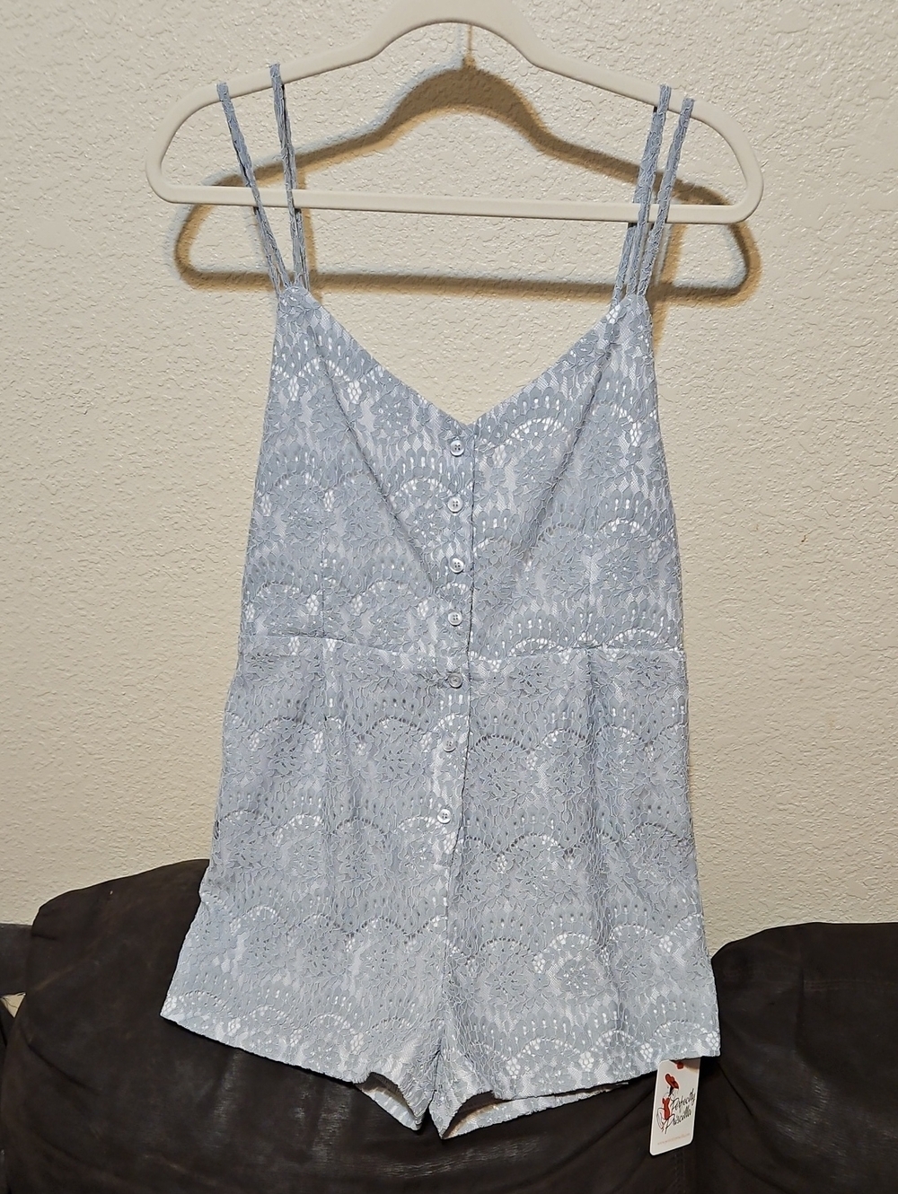 HEIMISH USA Gray Blue Lace Button-Front Romper